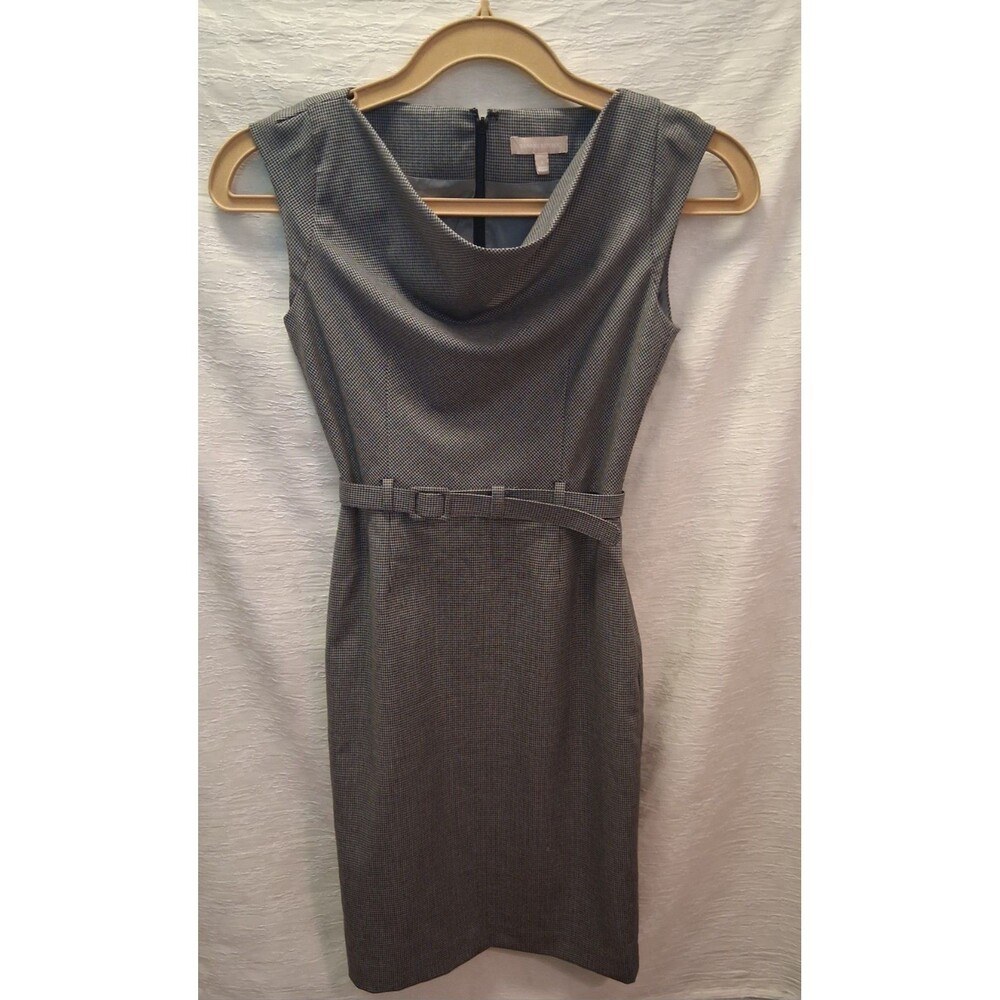 Banana Republic Size 2 Gray Houndstooth Sheath Dress Sleeveless Cowl Belted